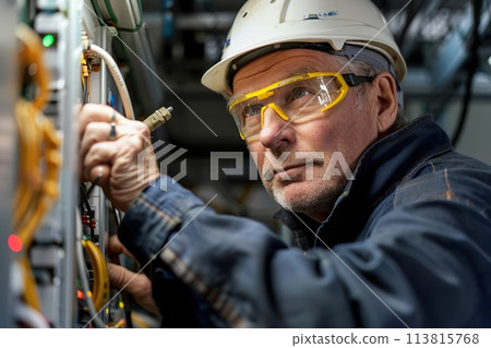 Senior Electrician working on electrical panel, holding tools in hands. Old man worker wearing yellow safety glasses, uniform work, white helmet. In front there are cables, wires, ectrical equipment 113815768