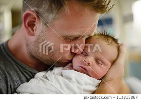 New father holding kissing his newborn baby in hands. Closeup portrait of mature daddy hugging infant child. Lifestyle together, single dad, father's day holiday. Sleeping baby in dads arm. Childbirth 113815867