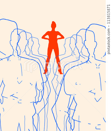 Contemporary art collage. Confident red silhouette standing with hands on hips, elevated above crowd of blue outlined male figures. 113815871