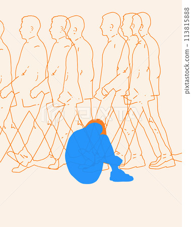 Contemporary art collage. Silhouette of person sitting hug itself in crowd of toxic and unemphatic crowd, society. Contemporary art collage. Silhouette of person sitting hug itself in crowd of toxic and unemphatic crowd, society. 113815888
