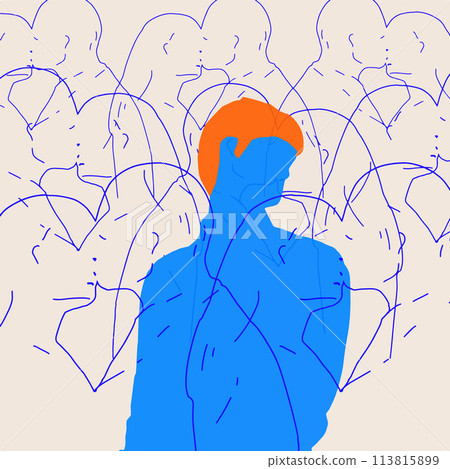 Contemporary art collage. Blue figure against backdrop of interconnected blue outlines silhouettes of couples in love on beige background. 113815899