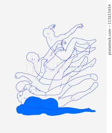 Contemporary art collage. Outlines silhouettes falling down to man's silhouette who lies in sadness against neutral background. Process of burnout. Contemporary art collage. Outlines silhouettes falling down to man's silhouette who lies in sadness against neutral background. Process of burnout. 113815934