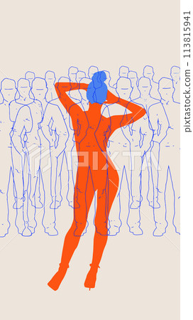 Contemporary art collage. Vibrant red figure in dynamic pose surrounded by multiple blue outlined figures against neutral background. Contemporary art collage. Vibrant red figure in dynamic pose surrounded by multiple blue outlined figures against neutral background. 113815941