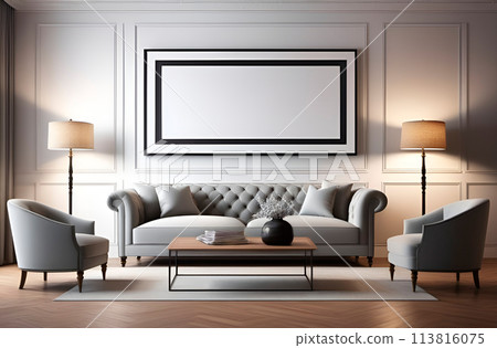 Minimalist modern interior with sofa, armchairs, table and floor lamp. An empty photo frame hangs on wall. In white and gray tones 113816075