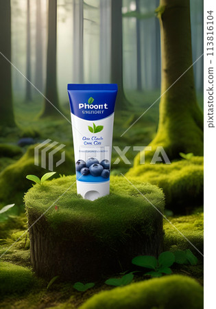 Blueberry cream tube on stump in forest among natural green moss and trees. Layout, mockup of organic cosmetics on background of wild nature Blueberry cream tube on stump in forest among natural green moss and trees. Layout, mockup of organic cosmetics on background of wild nature 113816104