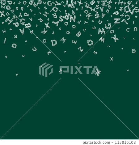 Falling letters of English language. Chalk handdrawn flying words of Latin alphabet. Foreign languages study concept. Posh back to school banner on blackboard background. Falling letters of English language. Chalk handdrawn flying words of Latin alphabet. Foreign languages study concept. Posh back to school banner on blackboard background. 113816108