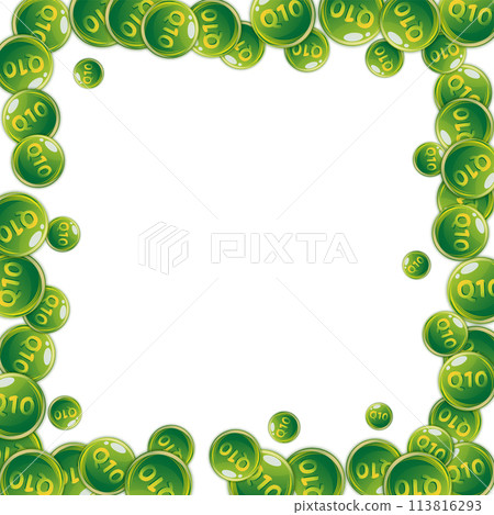 Vitamin Q10 round capsules scattered randomly. Vitamin Q10 round capsules scattered randomly. 113816293