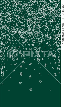 Falling letters of English language. Chalk handdrawn flying words of Latin alphabet. Foreign languages study concept. Eminent back to school banner on blackboard background. Falling letters of English language. Chalk handdrawn flying words of Latin alphabet. Foreign languages study concept. Eminent back to school banner on blackboard background. 113816365