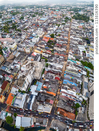 Aerial view of Phuket Old Town night market at sunset, in Phuket, Thailand 113816390