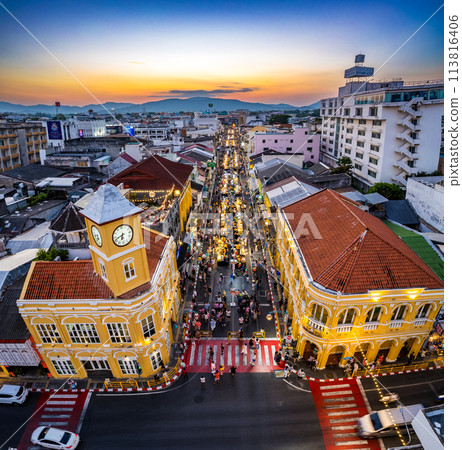 Aerial view of Phuket Old Town night market at sunset, in Phuket, Thailand Aerial view of Phuket Old Town night market at sunset, in Phuket, Thailand 113816406