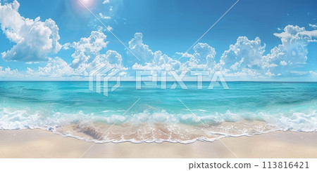 Panoramic view of the pristine beach with cliffs 113816421