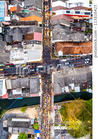 Aerial view of Phuket Old Town night market at sunset, in Phuket, Thailand 113816425