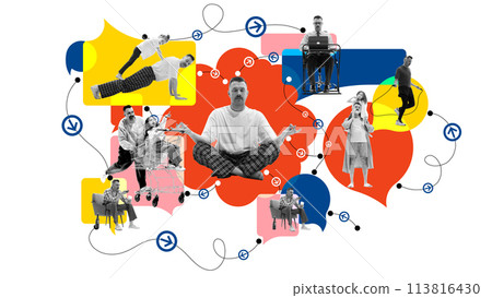 Balance work and family life. Man shares joyful moments with daughter, focusing on work, sport and hobby. Contemporary art collage. Balance work and family life. Man shares joyful moments with daughter, focusing on work, sport and hobby. Contemporary art collage. 113816430