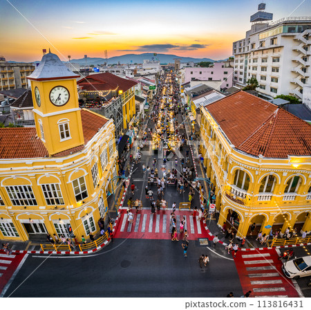 Aerial view of Phuket Old Town night market at sunset, in Phuket, Thailand Aerial view of Phuket Old Town night market at sunset, in Phuket, Thailand 113816431