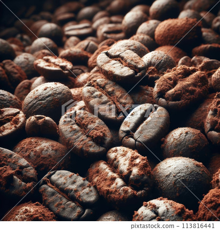 roasted coffee beans on burlap 113816441