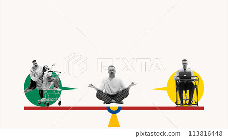 Harmony between professional matter and personal life. Man sits in meditative pose, on one side with his daughter, on other - focused on work. Contemporary art collage. 113816448