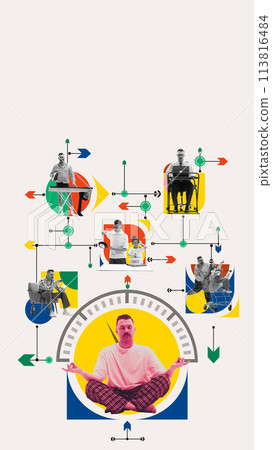 Professional success and personal happiness. Man balancing with his everyday life, family time, work matters, hobby and sport. Contemporary art collage. Professional success and personal happiness. Man balancing with his everyday life, family time, work matters, hobby and sport. Contemporary art collage. 113816484