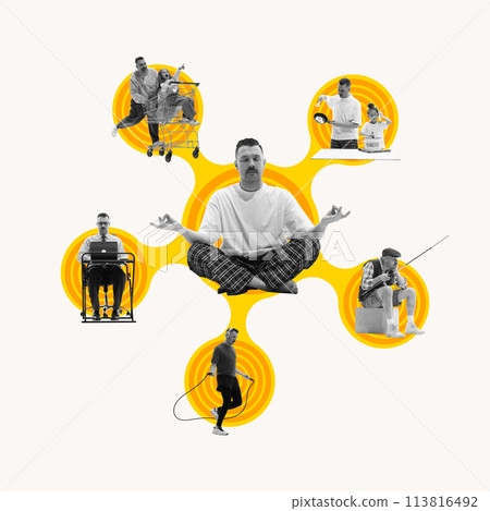Man sitting in meditating pose and showing his ability to multitasking, spending time with daughter, working, doing sports, hobby. Contemporary art collage. 113816492