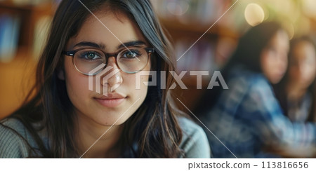 A schoolgirl in the library on a blurred background 113816656