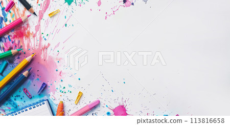 A variety of school supplies lying on the table 113816658