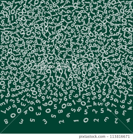 Falling handdrawn chalk numbers. Math study concept with flying digits. Great back to school mathematics banner on blackboard background. Falling numbers illustration. 113816671