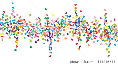 Falling colorful numbers. Math study concept with flying digits. Enchanting back to school mathematics banner on white background. Falling numbers illustration. 113816711
