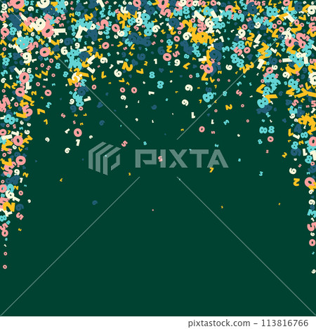 Falling light numbers. Math study concept with flying digits. Dramatic back to school mathematics banner on blackboard background. Falling numbers illustration. 113816766