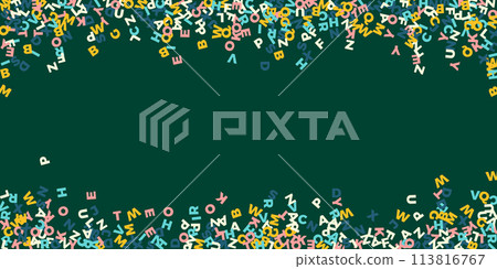 Falling letters of English language. Pastel flying words of Latin alphabet. Foreign languages study concept. Remarkable back to school banner on blackboard background. Falling letters of English language. Pastel flying words of Latin alphabet. Foreign languages study concept. Remarkable back to school banner on blackboard background. 113816767