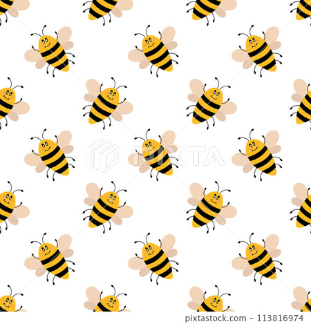 Vector cute cartoon bee seamless pattern. Funny bumblebees background. Vector flat illustration. 113816974