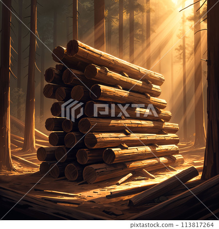 A stack of logs in a forest clearing. A stack of logs in a forest clearing. 113817264