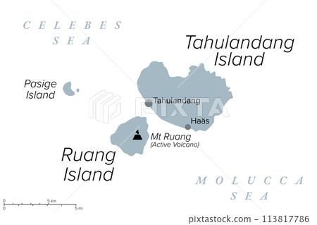 Ruang, an active Indonesian volcanic island, gray political map. Southernmost stratovolcano in the Sangihe Islands arc, North Sulawesi, Indonesia. Located southwest of the nearby island Tahulandang. 113817786