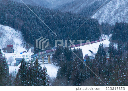 Freight train crossing the snowy mountains 113817853