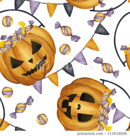 Halloween seamless pattern Jack o Lantern, carved orange pumpkin sweet candy, garland flags. Cartoon clipart. Hand drawn watercolor illustration isolated background. For textile design, wrapping paper 113818096