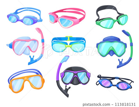 Pool goggles. Cartoon swimming aviator glasses set, professional diving goggle snorkel mask tube for sport swim in underwater sea, scuba swimmer 113818131