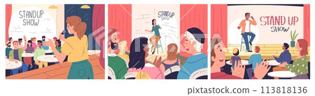 Comedians on stage. Stand-up comedian monologue and laughing audience, man performing open microphone comedy event standup humor show speech laugh public classy vector illustration Comedians on stage. Stand-up comedian monologue and laughing audience, man performing open microphone comedy event standup humor show speech laugh public classy vector illustration 113818136