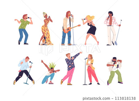 Karaoke singers characters. Singing guy female vocalist holding mic, cartoon singer character rocker dress microphone performing vocal party music song, classy vector illustration 113818138