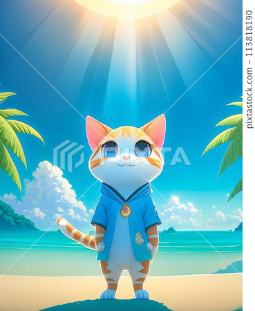 在熱帶海灘度假的小貓 113818190