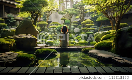 A woman sits in a Zen garden and meditates on the beauty of natu 113818353