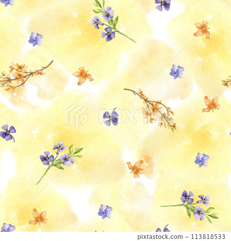 Seamless pattern with flowers hand drawn. Yellow blossom branches isolated on watercolor background. First spring flowers blue and yellow color. Spring flowers for Easter design, package, textile 113818533