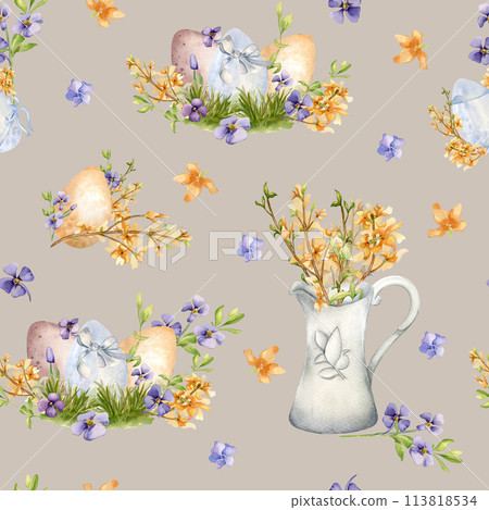 Spring yellow flowers in jug Easter watercolor seamless pattern isolated on neutral. Blossom branch with Easter eggs. Forsythia blooming and blue flowers hand drawn. For textile, wrapping paper Spring yellow flowers in jug Easter watercolor seamless pattern isolated on neutral. Blossom branch with Easter eggs. Forsythia blooming and blue flowers hand drawn. For textile, wrapping paper 113818534