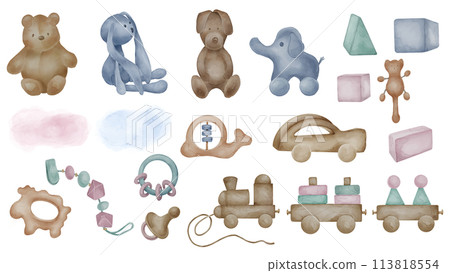 Set of assorted baby wooden and soft toys in neutral colors isolated on white. Car toy, blocks hand drawn. Illustration of teddy bear in pastel colors. Elements for print, decoration for newborn room Set of assorted baby wooden and soft toys in neutral colors isolated on white. Car toy, blocks hand drawn. Illustration of teddy bear in pastel colors. Elements for print, decoration for newborn room 113818554