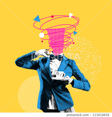Female in blue jacket with coffee and doodles over head on pink background. Energy for work and ideas generation. Contemporary art collage. Female in blue jacket with coffee and doodles over head on pink background. Energy for work and ideas generation. Contemporary art collage. 113818656
