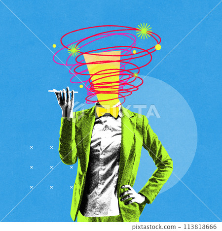 Female employee in green jacket with doodles over head recording voice message via phone. Communication. Contemporary art collage. 113818666