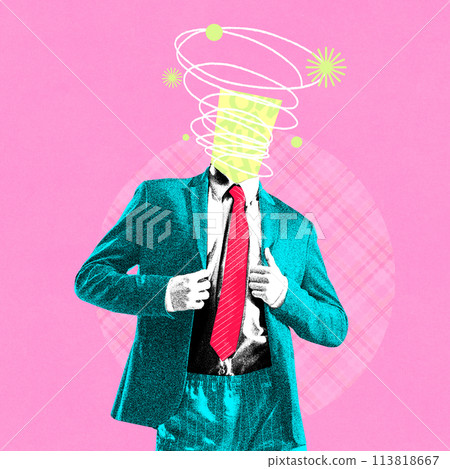Self-representation. Person on a suit with red tie and doodles over head on pink background. Contemporary art collage. 113818667