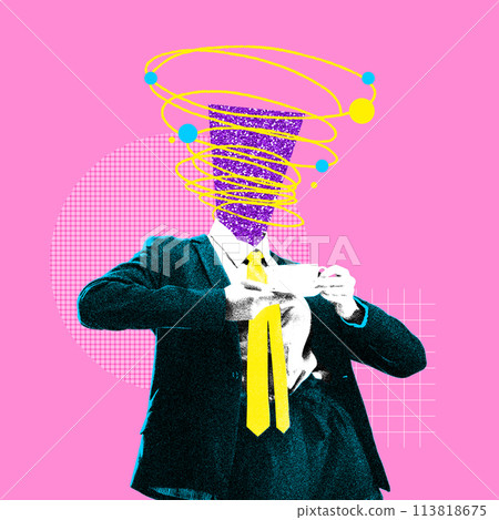 Business person in a suit with doodles over head drinking coffee, generating ideas. Contemporary art collage. 113818675