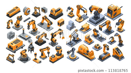 Conveyor manipulators isometry vector set. Robotic hands automatic factory production line heavy industry assembly illustrations isolated on white background Conveyor manipulators isometry vector set. Robotic hands automatic factory production line heavy industry assembly illustrations isolated on white background 113818765