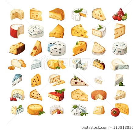 Cheese cartoon big vector set. Brie dor blue camembert mozzarella feta ricotta suluguni mascarpone gorgonzola hard soft different varieties dairy product illustrations highlighted on white background 113818835