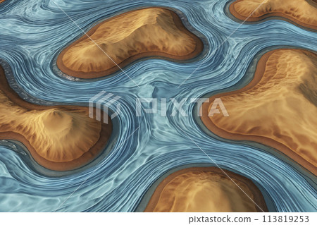 Water flowing around in the desert 3D rendering abstract wallpaper background 113819253