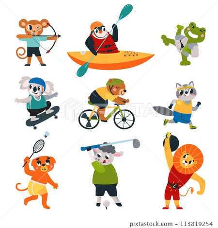 Cartoon athletic animals. Sport animal with equipment and tools. Football, basketball and running. Fitness pilates training, classy vector set 113819254