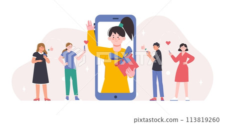 Social media female celebrity with gift for subscribers. Present for like or subscribe, internet marketing and promotion, vector cartoon concept 113819260